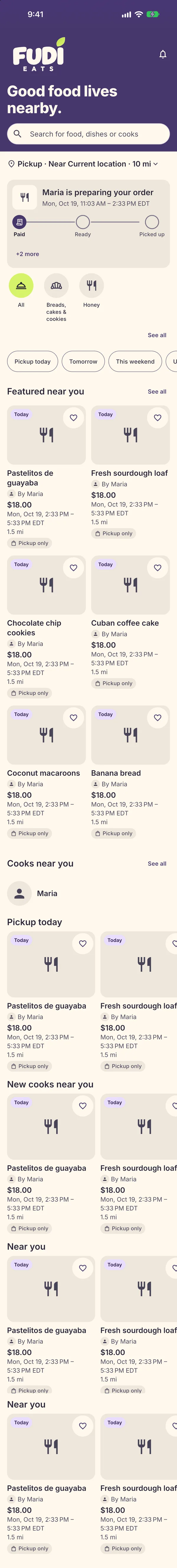 The Fudi Eats home screen: search, pickup near you, an order Maria is preparing, categories and dishes made nearby.