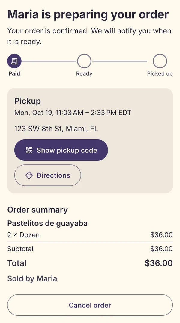 An order in Fudi Eats: Maria is preparing it, with the pickup time and place, a Show pickup code button and the order summary.
